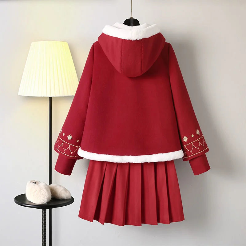 Winter Modern Women Hanfu Embroidery Red Top Hoodies Cotton Warm Chinese Pleated Skirt Plus Size Girl Fairy Cosplay Costumes