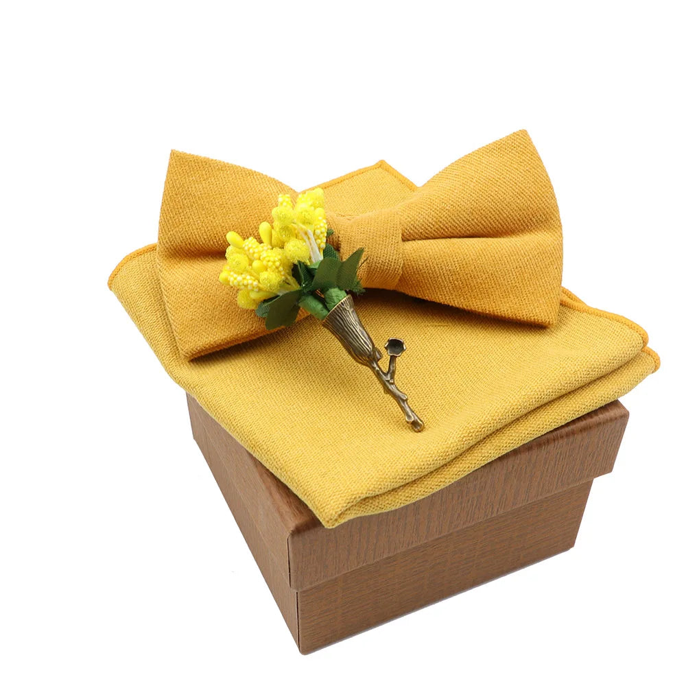 Solid Color Cotton Bowtie Handkerchief Flower Brooch Set For Men Women Party Wedding Blue Pink Green Bowties Novelty Ties Gift