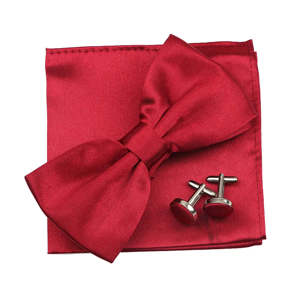 3PC Mens Bowtie Set Fashion Dot Solid Polyester Bow Tie Handkerchief Cufflinks Bar Party Wedding Business Daily Wear Accessories