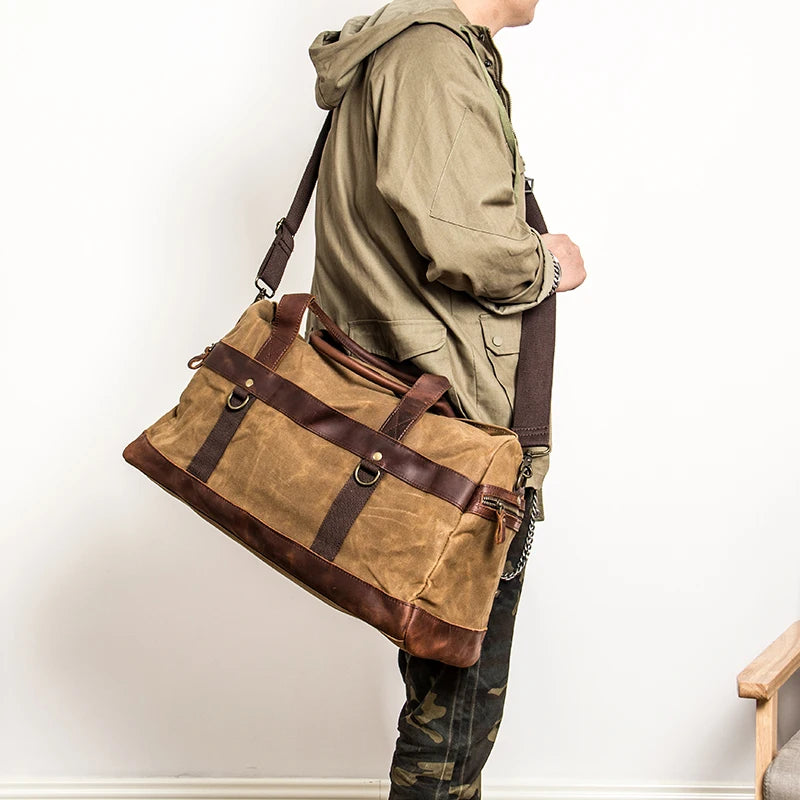 Vintage Waxed Canvas Men Luggage bag Genuine Leather Men Travel Bags Large Duffel Bags Weekend bag of trip Overnight carry on