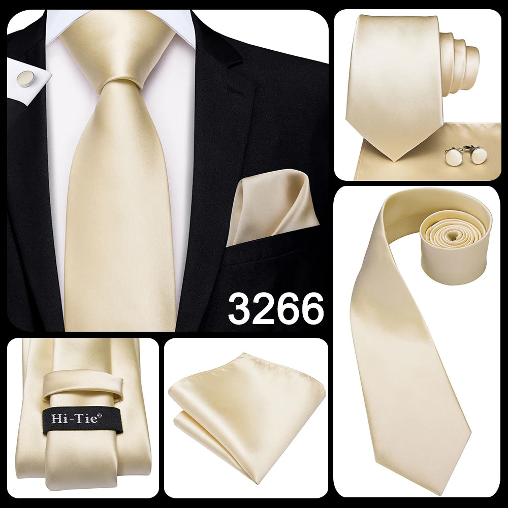 Hi-Tie Champagne Ivory Floral Solid Design Silk Wedding Tie For Men Quality Hanky Cufflink Fashion Nicktie Business Dropshipping