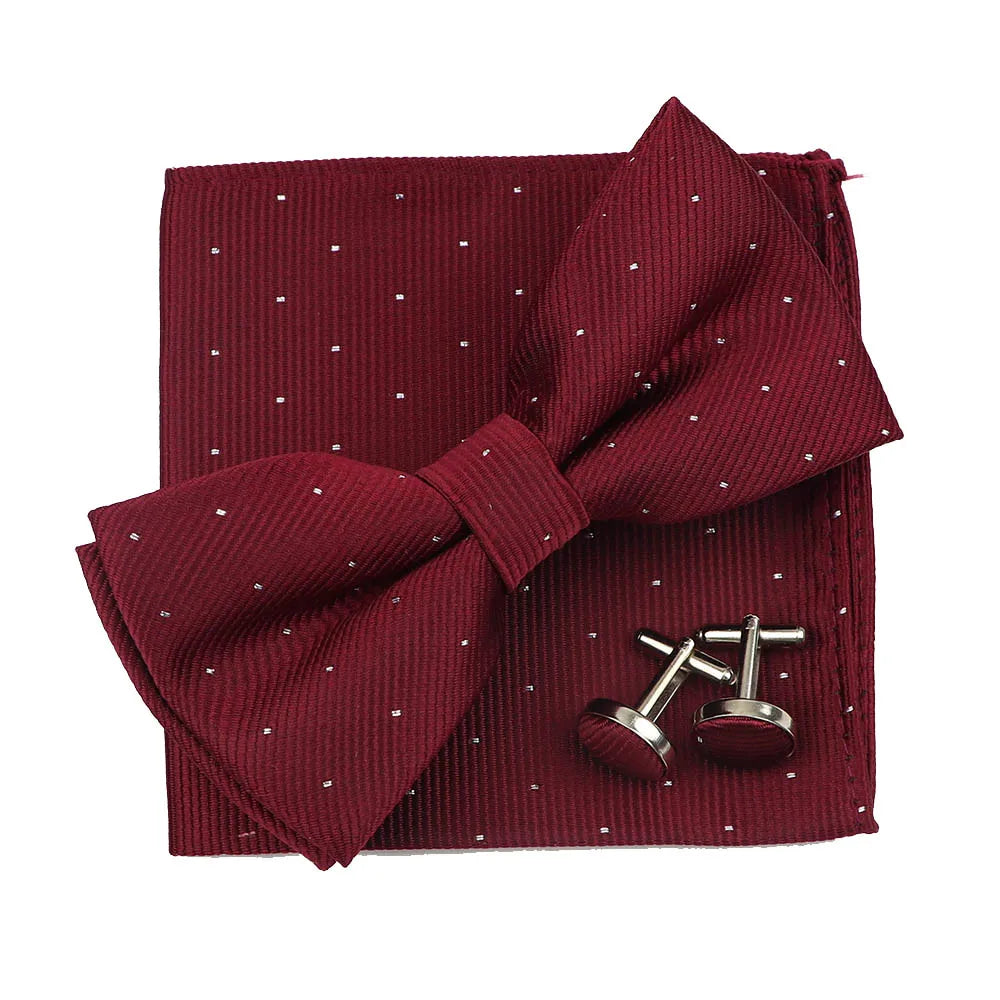 3PC Mens Bowtie Set Fashion Dot Solid Polyester Bow Tie Handkerchief Cufflinks Bar Party Wedding Business Daily Wear Accessories