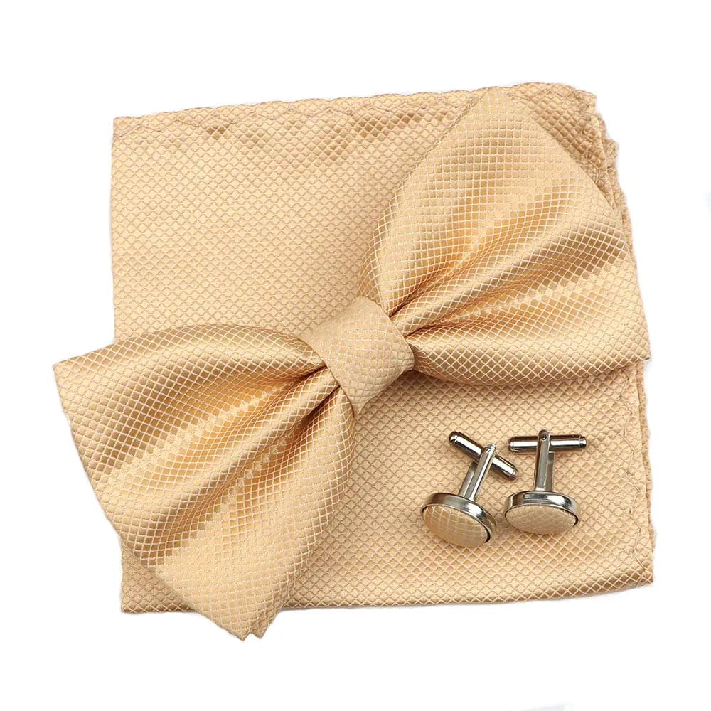 3PC Mens Bowtie Set Fashion Dot Solid Polyester Bow Tie Handkerchief Cufflinks Bar Party Wedding Business Daily Wear Accessories
