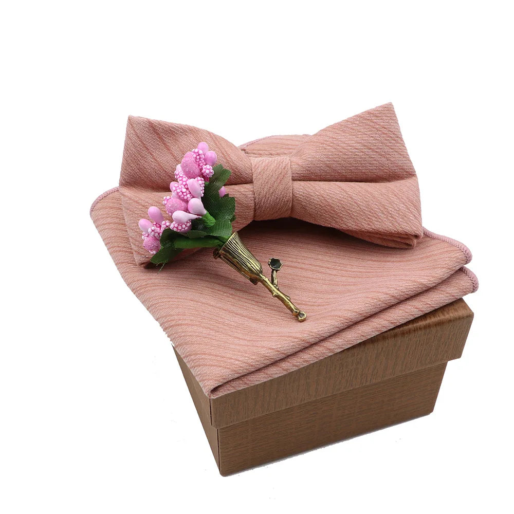 Solid Color Cotton Bowtie Handkerchief Flower Brooch Set For Men Women Party Wedding Blue Pink Green Bowties Novelty Ties Gift