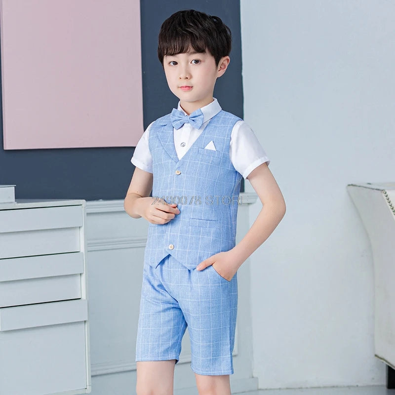 2021 Boys Formal Suits Summer Short Sleeve Blazer+Shorts 2pcs Children Kids Wedding Clothing Sets Prom Performance Costumes