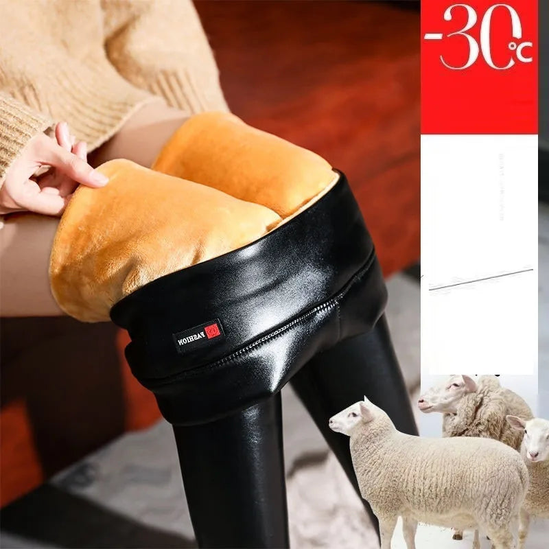 Winter Warm 700g Thick Velvet Wool Fleece Ladies Leggings Women Trousers Lambskin Cashmere Female Jegging Faux Leather Pants