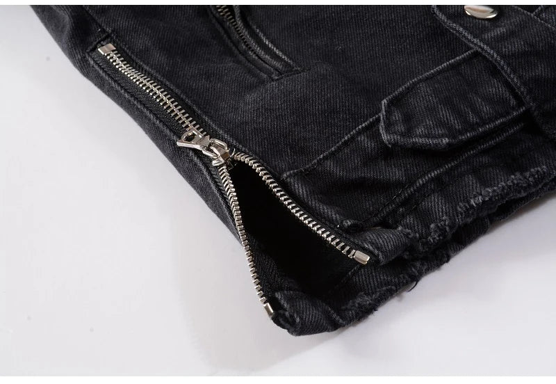 Sokotoo Men's zippers black biker jean jacket Streetwear thick denim slim coat with belt High quality