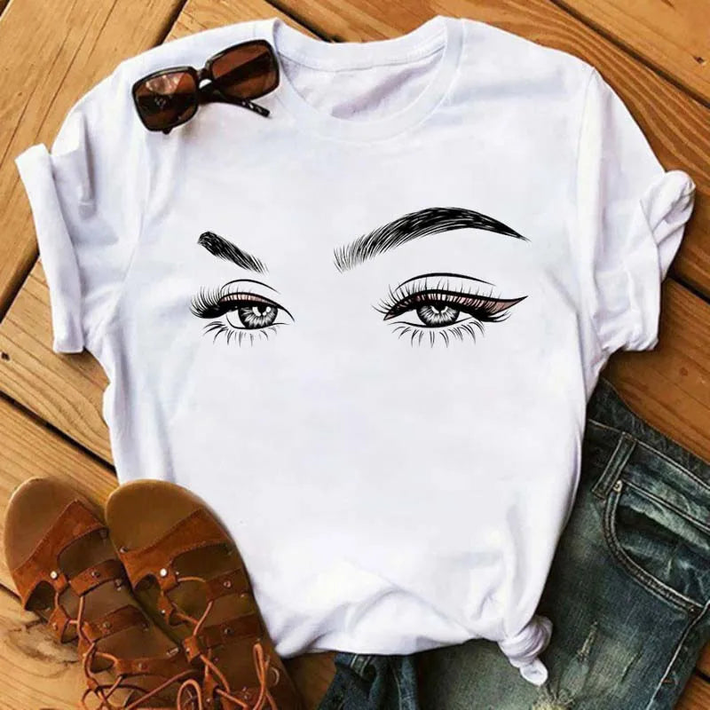 Maycaur New Cute Eye Lashes Red Lips Print Women T Shirt Summer Casual Short Sleeve O Neck T-shirt Fashion Ladies Shirt Tops