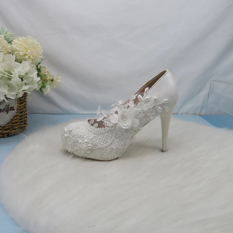 BaoYaFang White Flower Pumps New arrival womens wedding shoes Bride High heels platform shoes for woman ladies party dress shoes