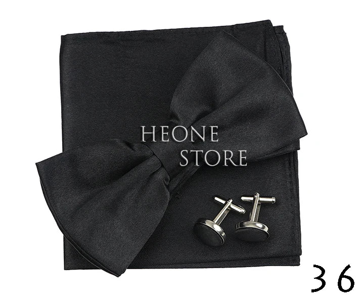 3PC Mens Bowtie Set Fashion Dot Solid Polyester Bow Tie Handkerchief Cufflinks Bar Party Wedding Business Daily Wear Accessories