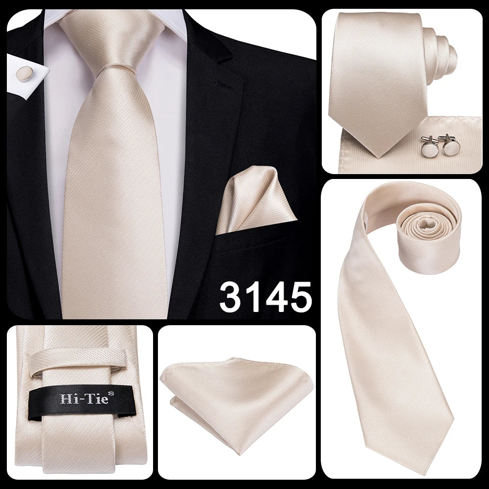 Hi-Tie Champagne Ivory Floral Solid Design Silk Wedding Tie For Men Quality Hanky Cufflink Fashion Nicktie Business Dropshipping