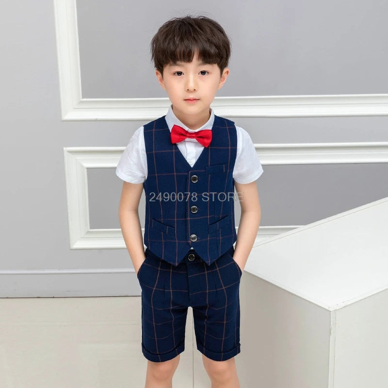 2021 Boys Formal Suits Summer Short Sleeve Blazer+Shorts 2pcs Children Kids Wedding Clothing Sets Prom Performance Costumes