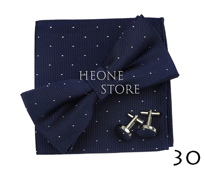 3PC Mens Bowtie Set Fashion Dot Solid Polyester Bow Tie Handkerchief Cufflinks Bar Party Wedding Business Daily Wear Accessories