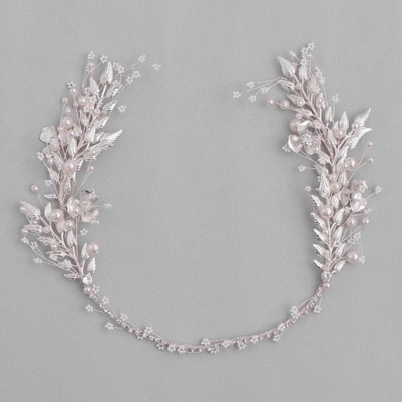 Silver Color Leaf Pearl Headband Tiara For Bridal Hair Accessories Wedding Hair Band Crystal Pearl Tiaras and Brides Headpieces