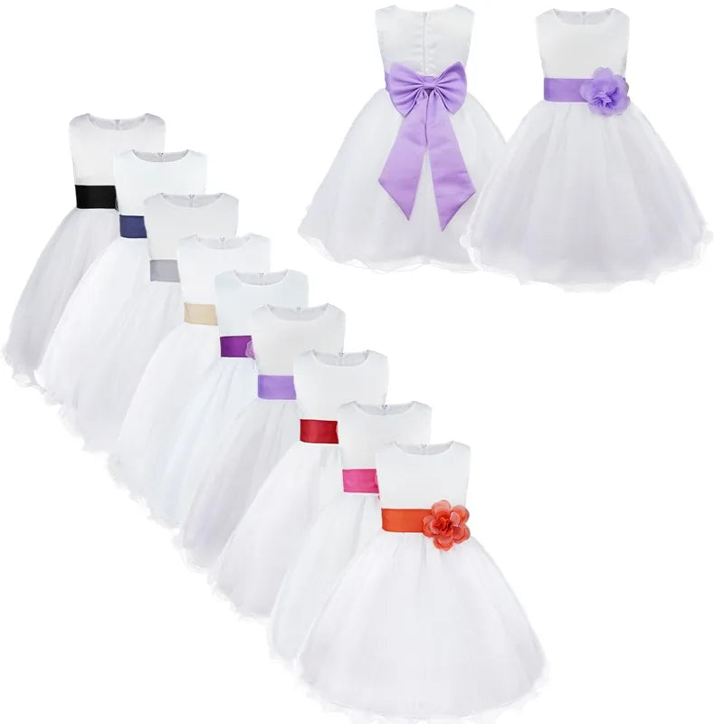 Kids Girls Wedding Pageant Dress White Bridesmaid Dresses Formal Party Princess Vestidos Cute Big Bowknot Sash Flower Girl Dress