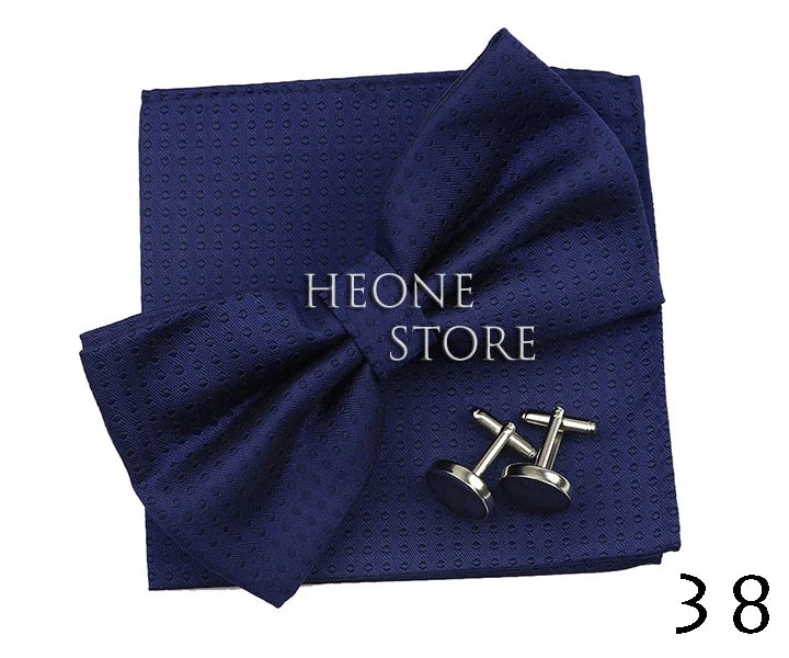 3PC Mens Bowtie Set Fashion Dot Solid Polyester Bow Tie Handkerchief Cufflinks Bar Party Wedding Business Daily Wear Accessories