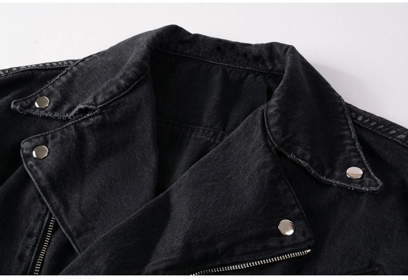 Sokotoo Men's zippers black biker jean jacket Streetwear thick denim slim coat with belt High quality