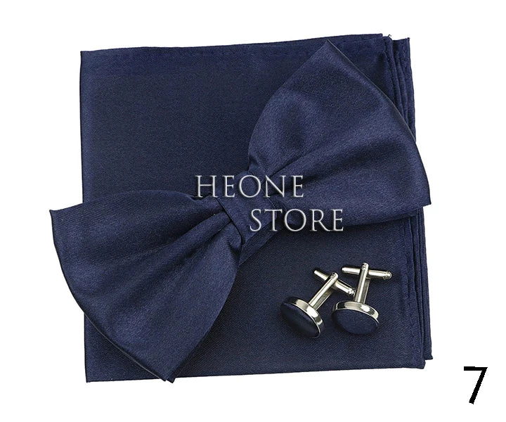 3PC Mens Bowtie Set Fashion Dot Solid Polyester Bow Tie Handkerchief Cufflinks Bar Party Wedding Business Daily Wear Accessories