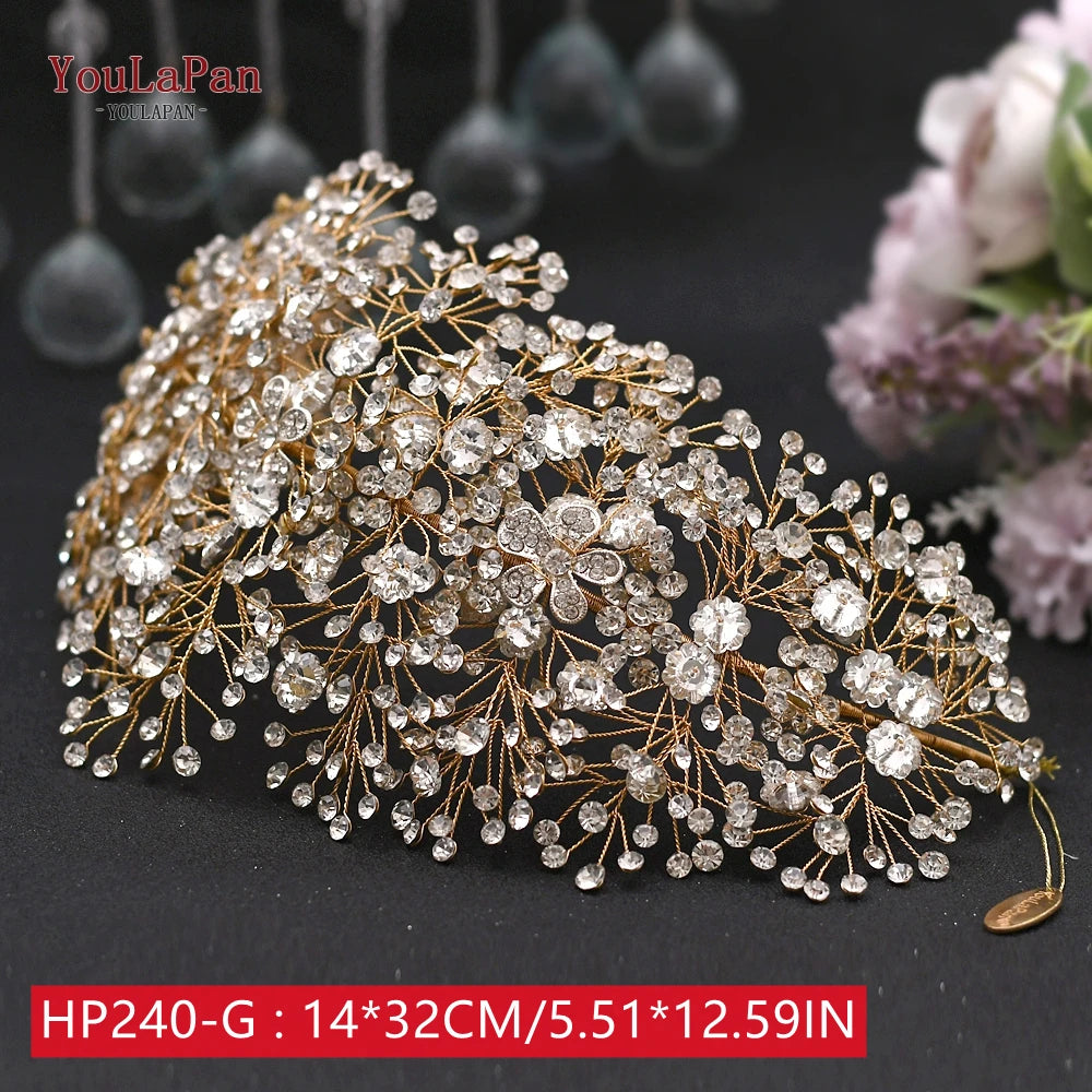 YouLaPan Golden Wedding Crystal Headband Hair Accessories Woman Wedding Hair Jewelry Rhinestone Bridal Tiara and Headdress HP240