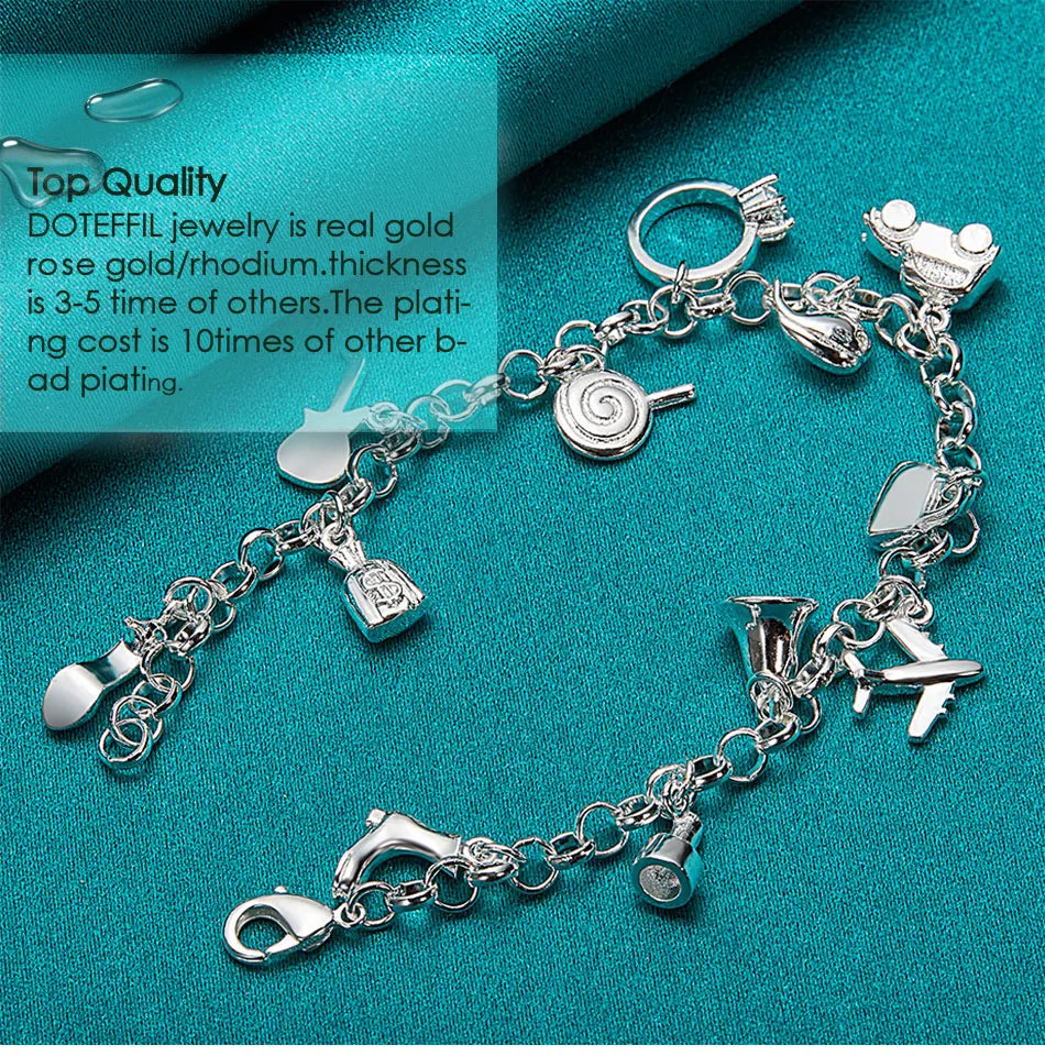 DOTEFFIL 925 Sterling Silver 18K Gold Shoe Bell Airplane Lock Car Fish Ring Lollipop Guitar Bracelet Chain Women Charm Jewelry