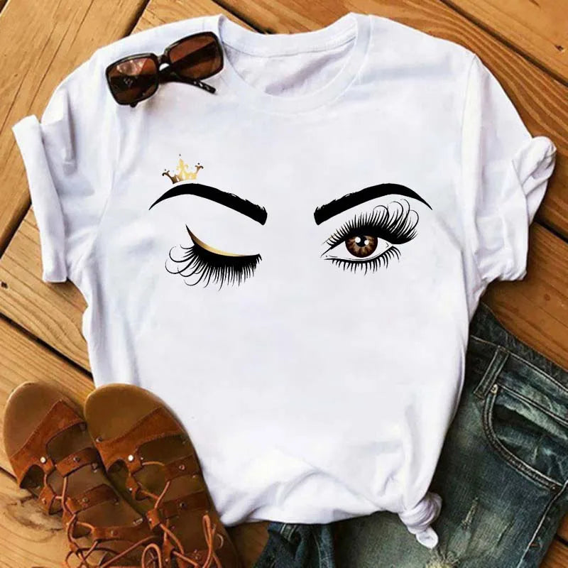 Maycaur New Cute Eye Lashes Red Lips Print Women T Shirt Summer Casual Short Sleeve O Neck T-shirt Fashion Ladies Shirt Tops