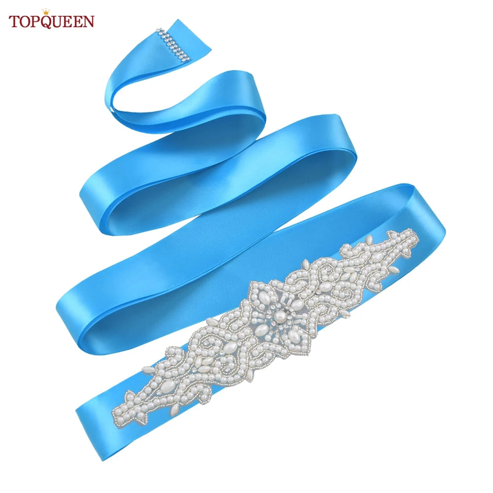 TOPQUEEN Wedding Dress Belt Luxury Full Pearl Bridal Belt Women Moroccan Decoration Satin Ribbon Belt Handmade Beaded S26A