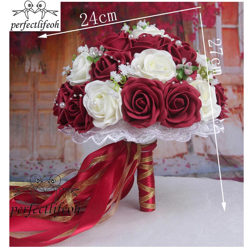 Perfectlifeoh Burgundy Wedding Bouquet Pink/Red/White/Royal Blue Bridal Bridesmaid Artificial Flower Rose Bride