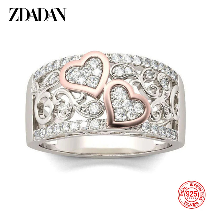ZDADAN 925 Sterling Silver Heart CZ Rings For Women Fashion Wedding Jewelry