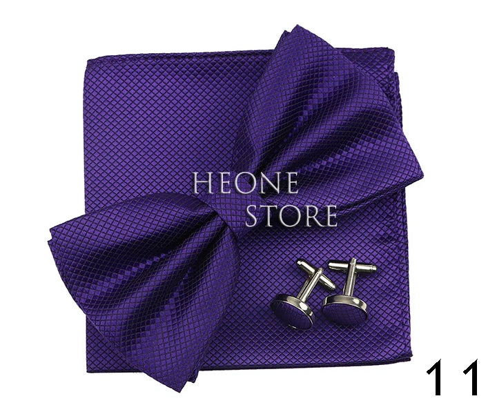 3PC Mens Bowtie Set Fashion Dot Solid Polyester Bow Tie Handkerchief Cufflinks Bar Party Wedding Business Daily Wear Accessories