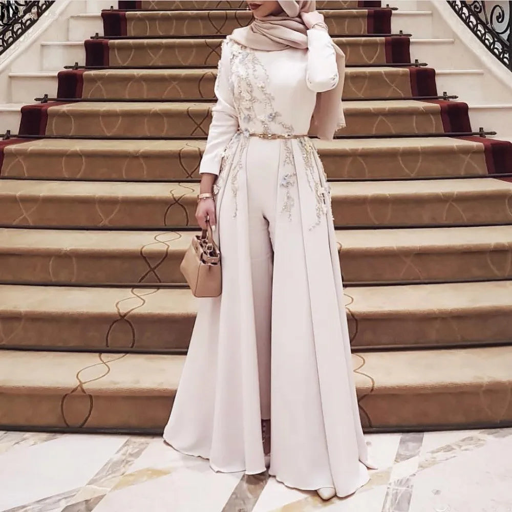 Customized Ivory Long Sleeve Muslim Evening Dress Embroidery robe soiree Islamic dubai Hijab Evening Pantsuit Formal Prom Gown