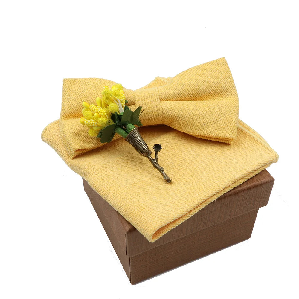 Solid Color Cotton Bowtie Handkerchief Flower Brooch Set For Men Women Party Wedding Blue Pink Green Bowties Novelty Ties Gift