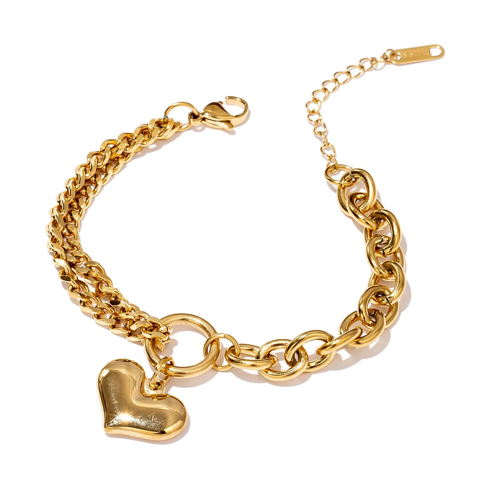 Yhpup Statement Heart Pendant Bracelet Stainless Steel Gold 18 K Plated Jewelry Trendy Metal Texture Accessories for Women