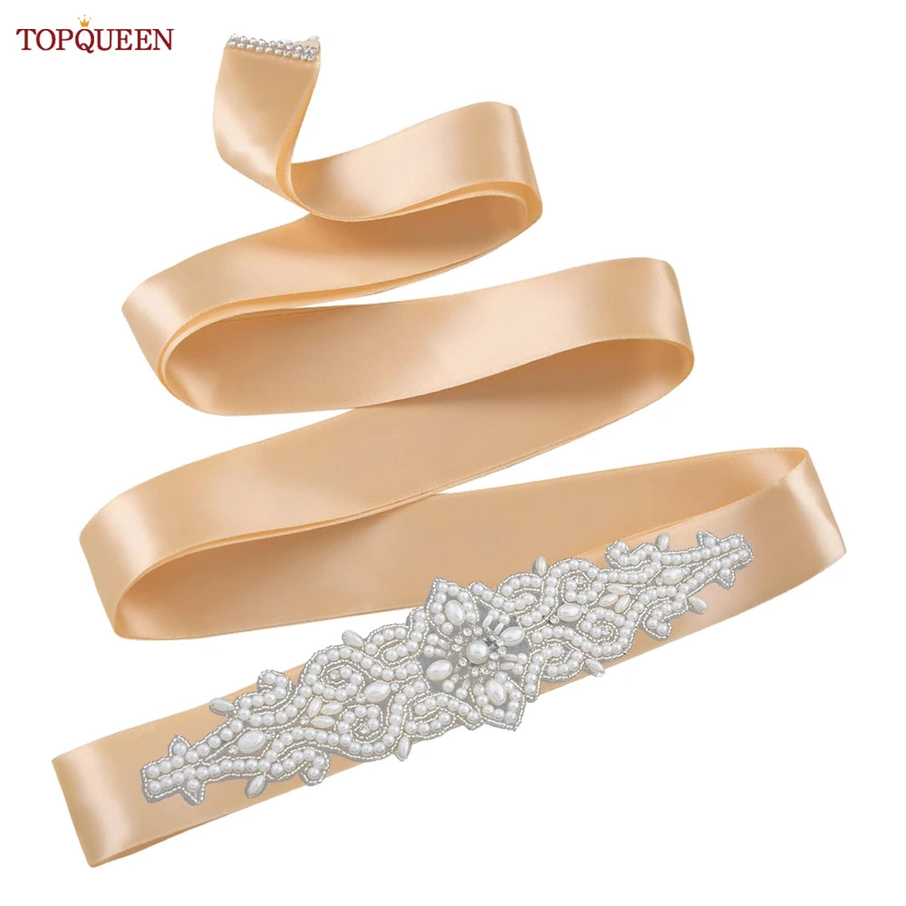 TOPQUEEN Wedding Dress Belt Luxury Full Pearl Bridal Belt Women Moroccan Decoration Satin Ribbon Belt Handmade Beaded S26A