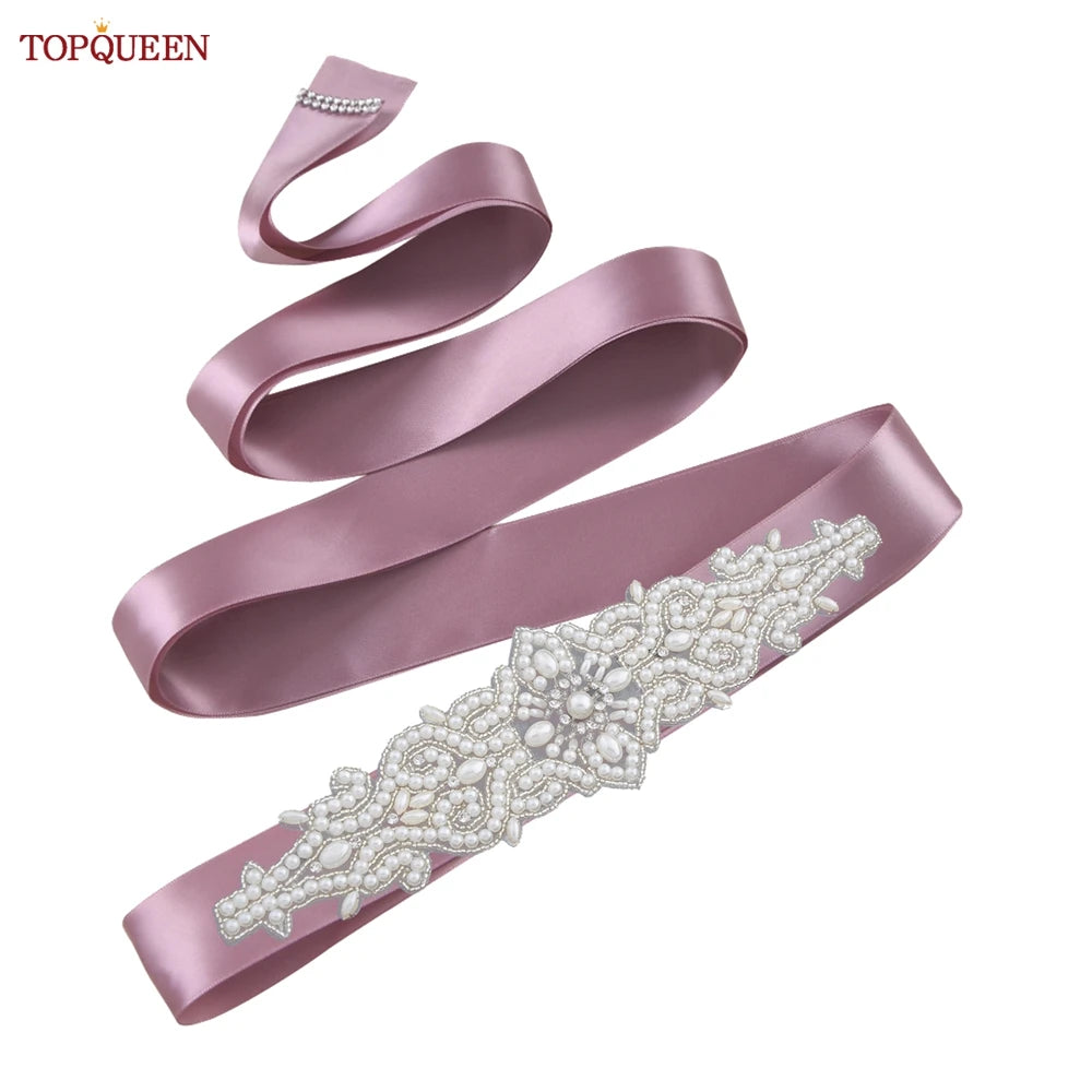 TOPQUEEN Wedding Dress Belt Luxury Full Pearl Bridal Belt Women Moroccan Decoration Satin Ribbon Belt Handmade Beaded S26A
