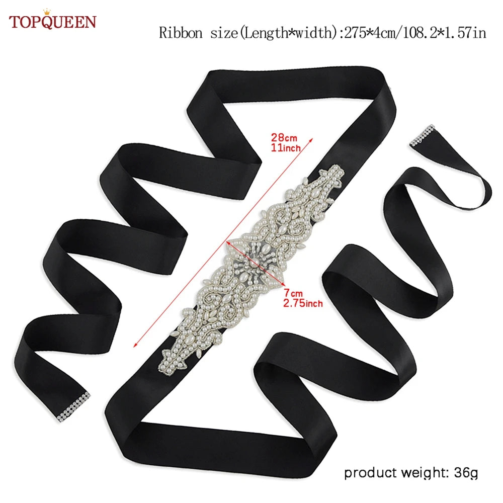 TOPQUEEN Wedding Dress Belt Luxury Full Pearl Bridal Belt Women Moroccan Decoration Satin Ribbon Belt Handmade Beaded S26A