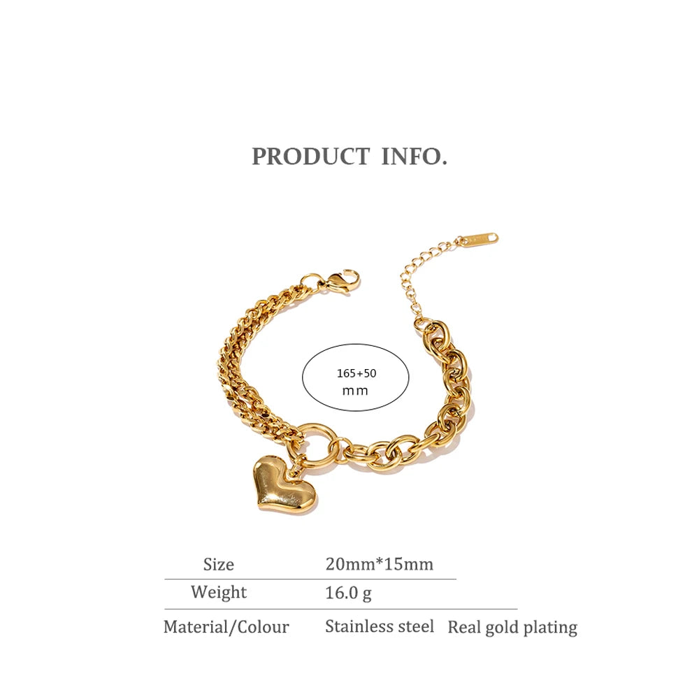 Yhpup Statement Heart Pendant Bracelet Stainless Steel Gold 18 K Plated Jewelry Trendy Metal Texture Accessories for Women