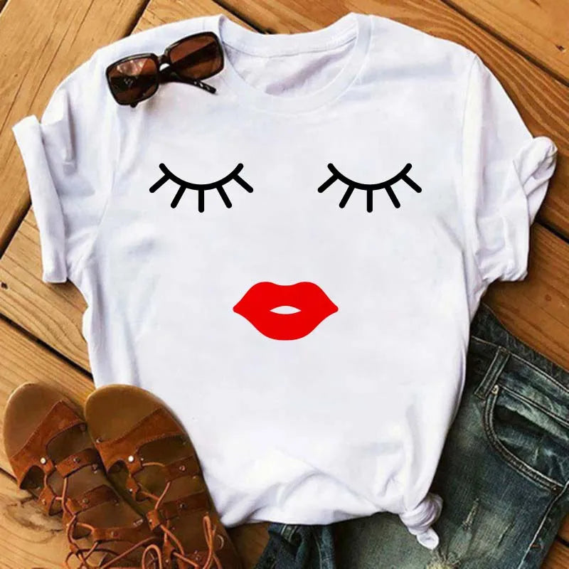 Maycaur New Cute Eye Lashes Red Lips Print Women T Shirt Summer Casual Short Sleeve O Neck T-shirt Fashion Ladies Shirt Tops