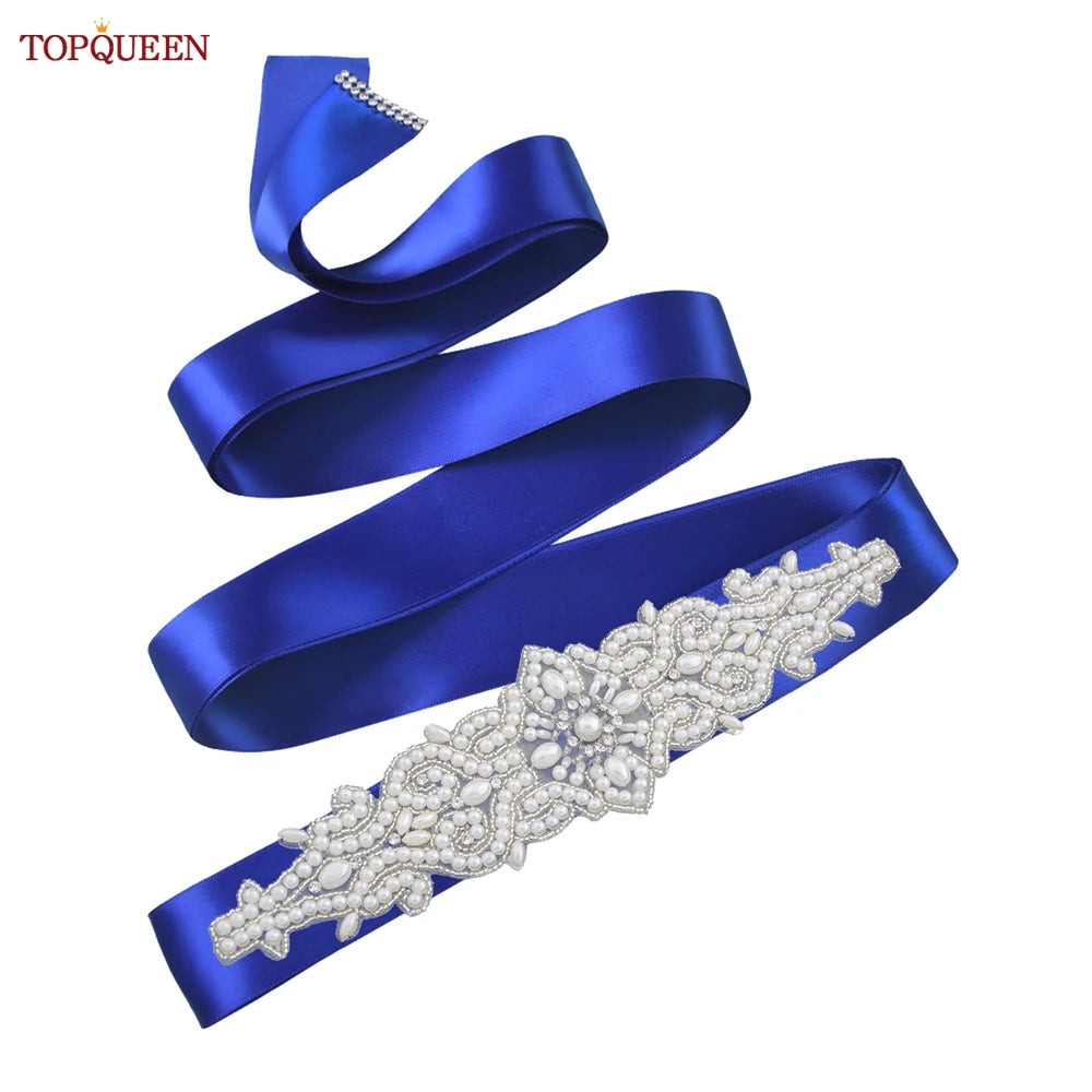 TOPQUEEN Wedding Dress Belt Luxury Full Pearl Bridal Belt Women Moroccan Decoration Satin Ribbon Belt Handmade Beaded S26A