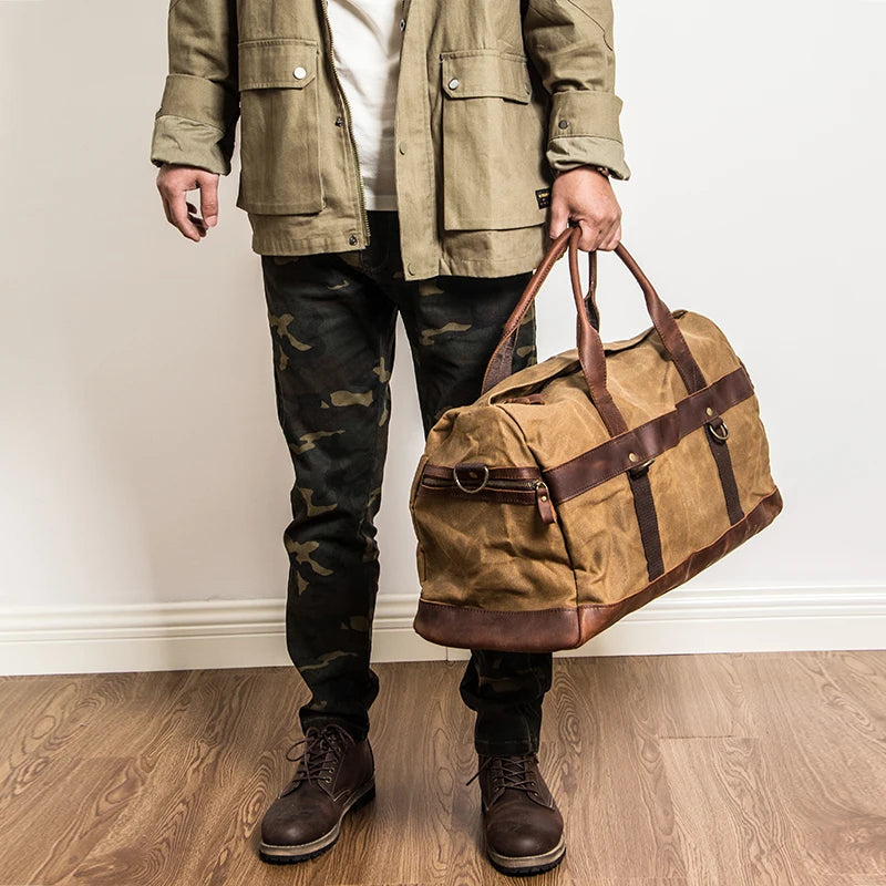 Vintage Waxed Canvas Men Luggage bag Genuine Leather Men Travel Bags Large Duffel Bags Weekend bag of trip Overnight carry on