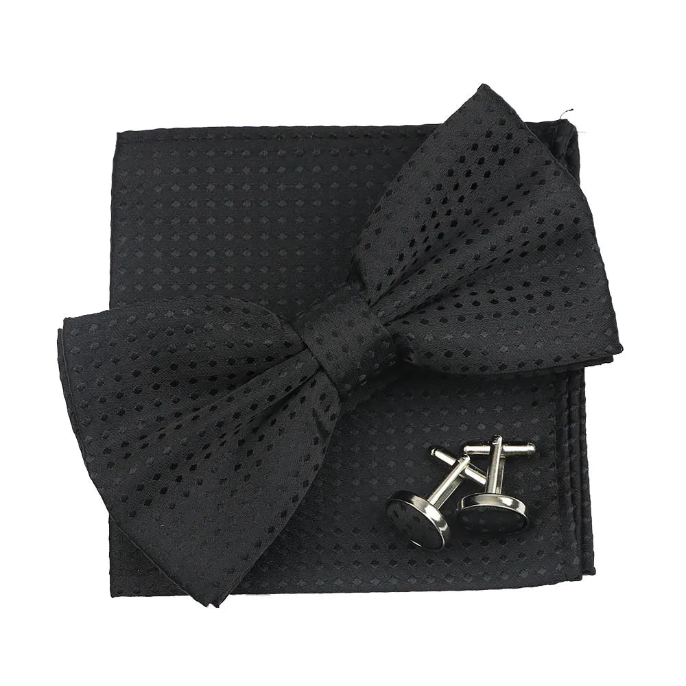 3PC Mens Bowtie Set Fashion Dot Solid Polyester Bow Tie Handkerchief Cufflinks Bar Party Wedding Business Daily Wear Accessories