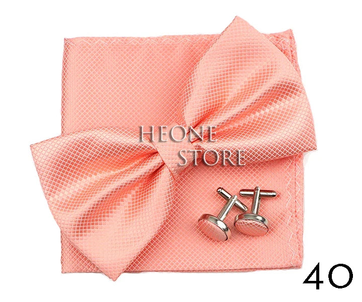 3PC Mens Bowtie Set Fashion Dot Solid Polyester Bow Tie Handkerchief Cufflinks Bar Party Wedding Business Daily Wear Accessories