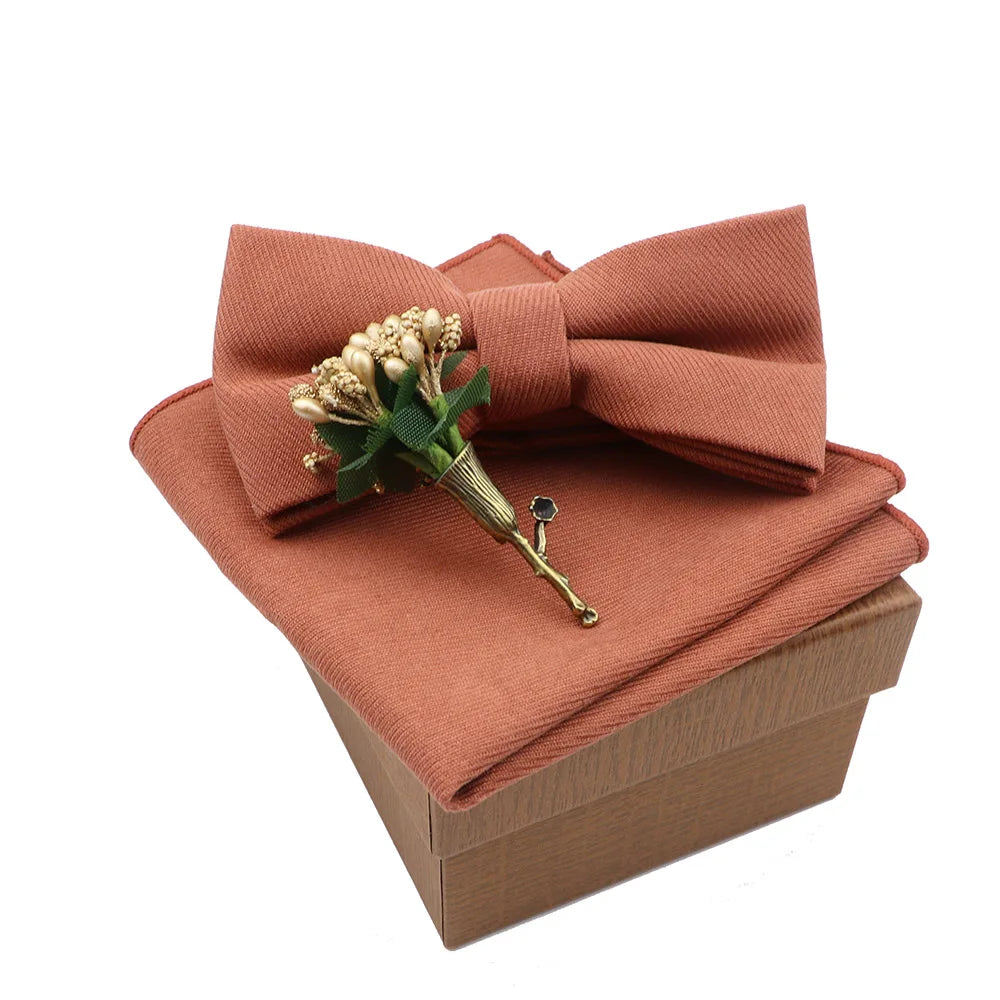 Solid Color Cotton Bowtie Handkerchief Flower Brooch Set For Men Women Party Wedding Blue Pink Green Bowties Novelty Ties Gift