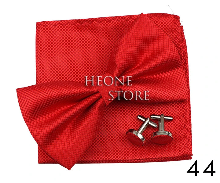 3PC Mens Bowtie Set Fashion Dot Solid Polyester Bow Tie Handkerchief Cufflinks Bar Party Wedding Business Daily Wear Accessories