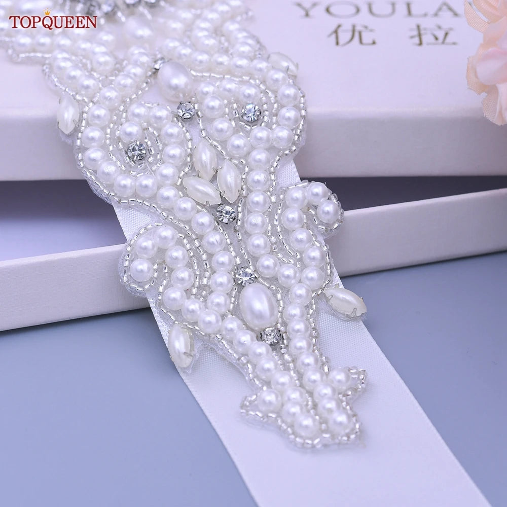 TOPQUEEN Wedding Dress Belt Luxury Full Pearl Bridal Belt Women Moroccan Decoration Satin Ribbon Belt Handmade Beaded S26A