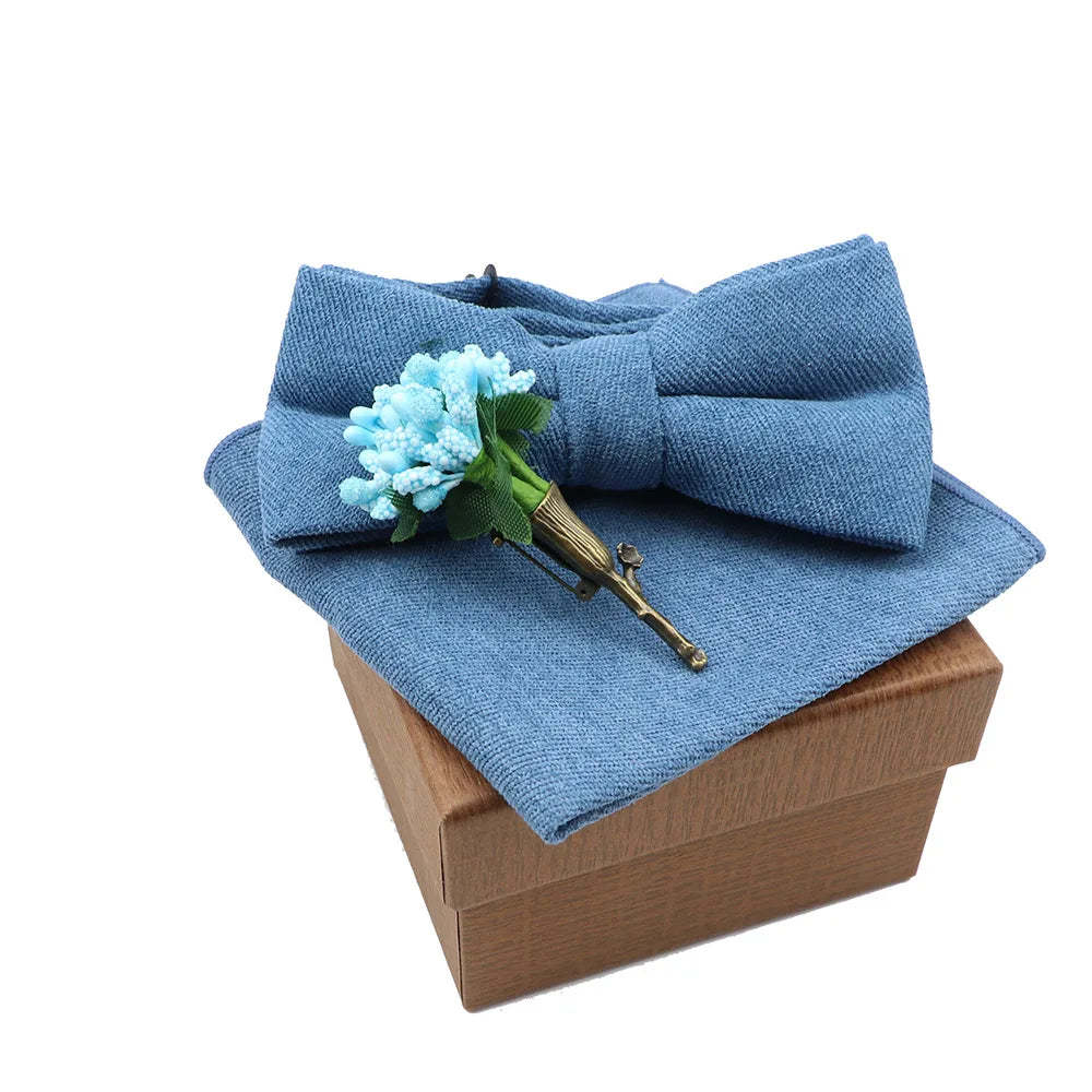 Solid Color Cotton Bowtie Handkerchief Flower Brooch Set For Men Women Party Wedding Blue Pink Green Bowties Novelty Ties Gift