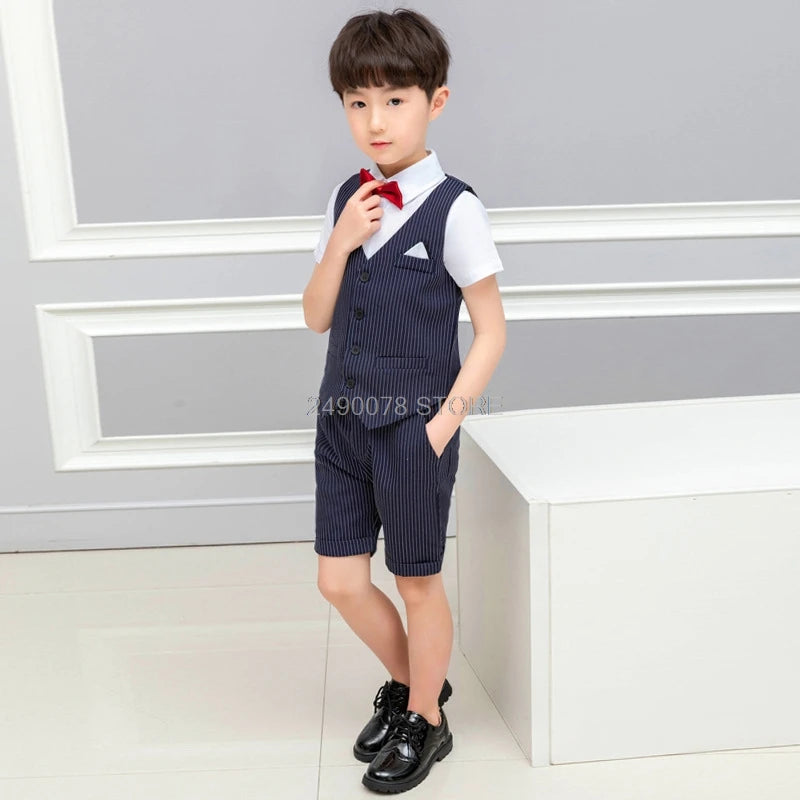 2021 Boys Formal Suits Summer Short Sleeve Blazer+Shorts 2pcs Children Kids Wedding Clothing Sets Prom Performance Costumes