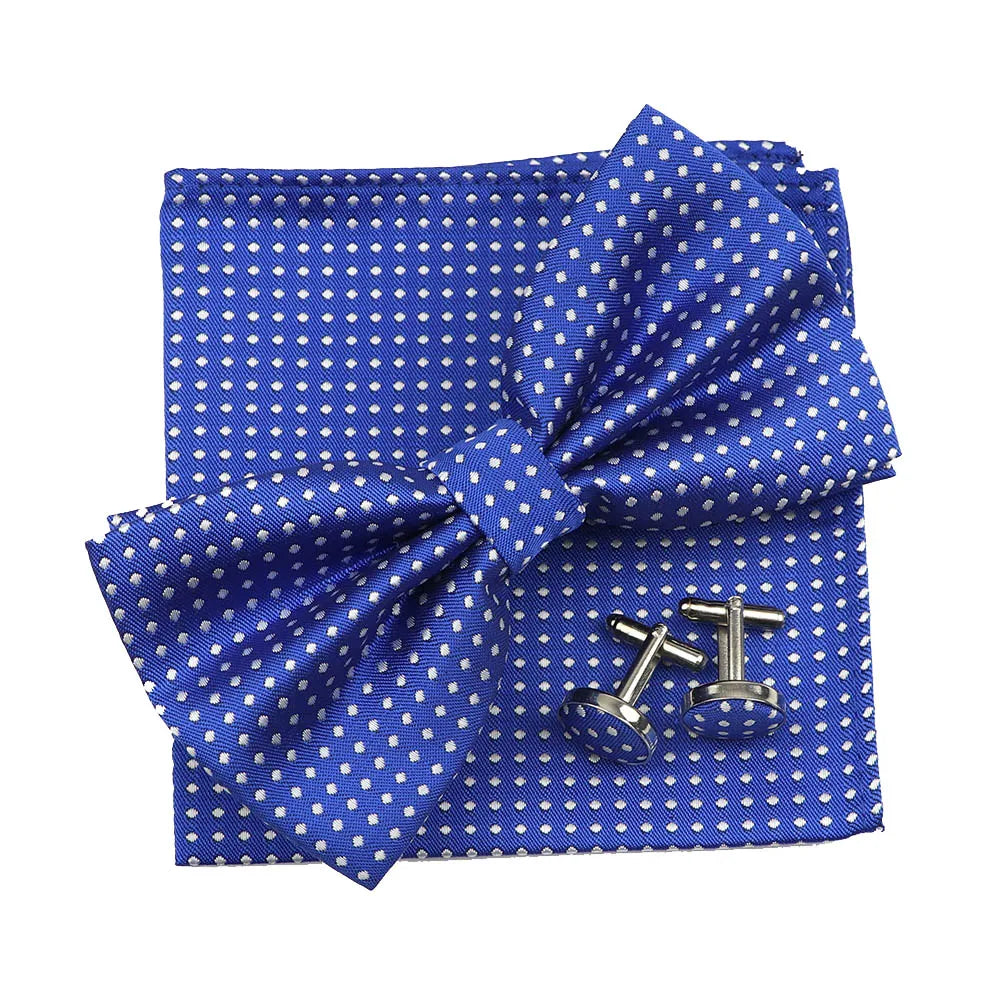 3PC Mens Bowtie Set Fashion Dot Solid Polyester Bow Tie Handkerchief Cufflinks Bar Party Wedding Business Daily Wear Accessories