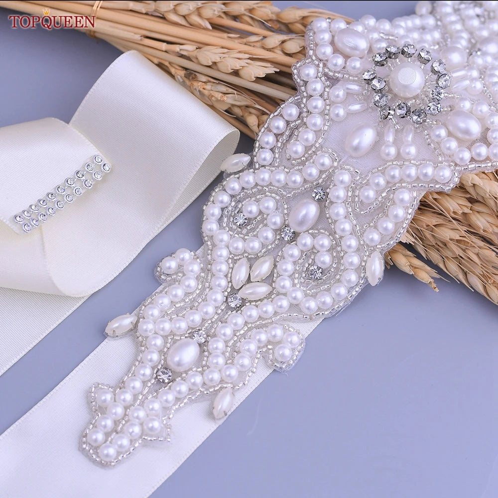 TOPQUEEN Wedding Dress Belt Luxury Full Pearl Bridal Belt Women Moroccan Decoration Satin Ribbon Belt Handmade Beaded S26A
