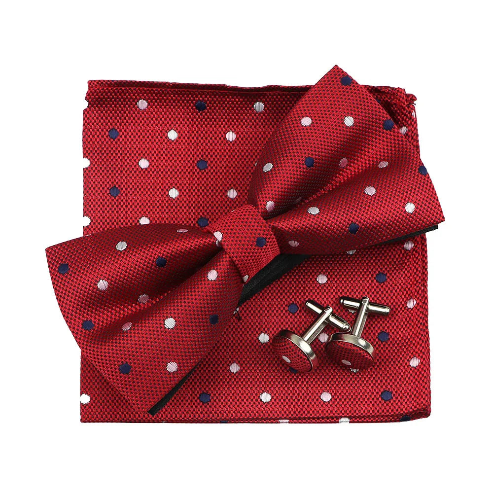 3PC Mens Bowtie Set Fashion Dot Solid Polyester Bow Tie Handkerchief Cufflinks Bar Party Wedding Business Daily Wear Accessories