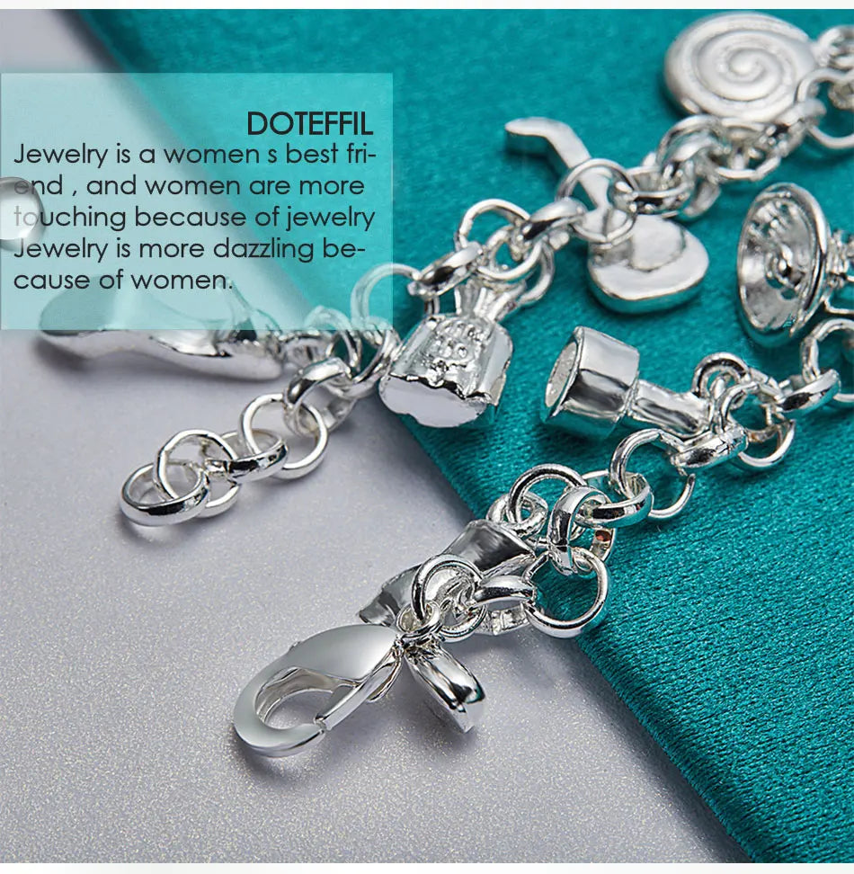 DOTEFFIL 925 Sterling Silver 18K Gold Shoe Bell Airplane Lock Car Fish Ring Lollipop Guitar Bracelet Chain Women Charm Jewelry